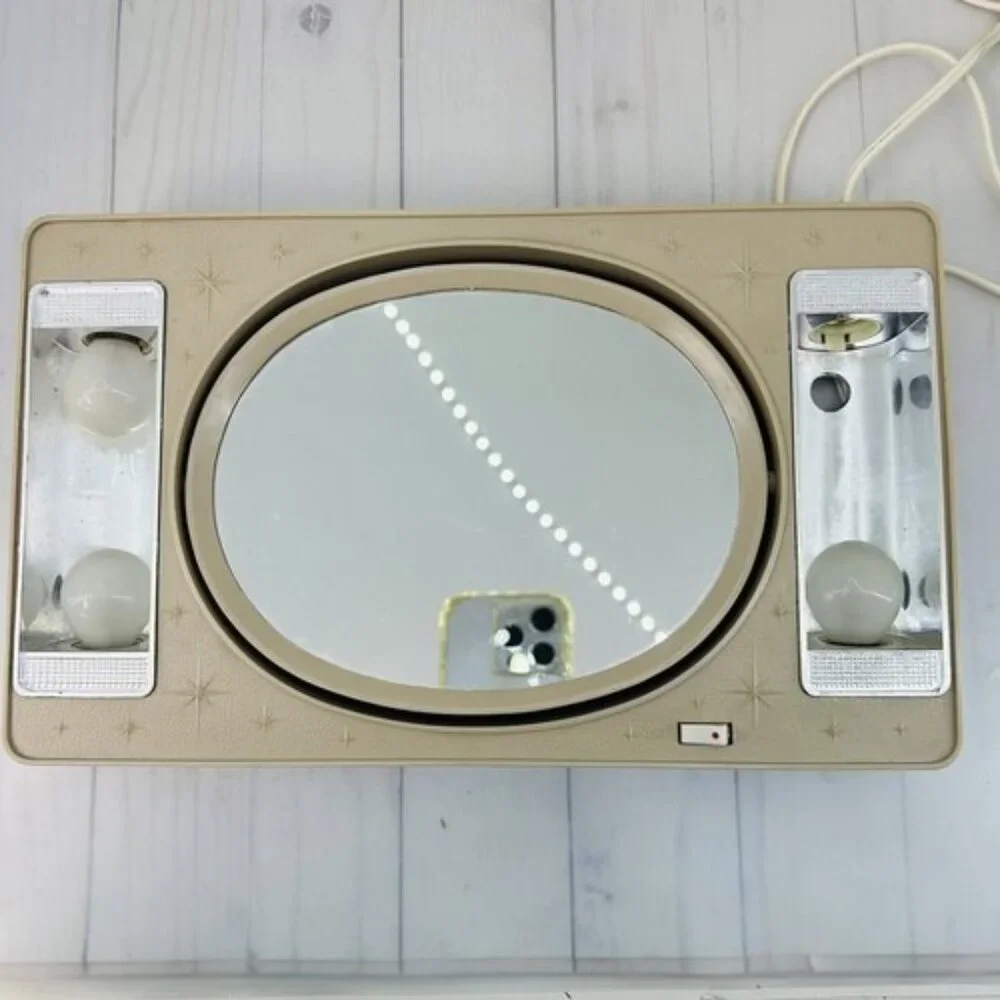 Vintage Beige Lighted Makeup Magnifying Mirror Starburst Glam Kitsch